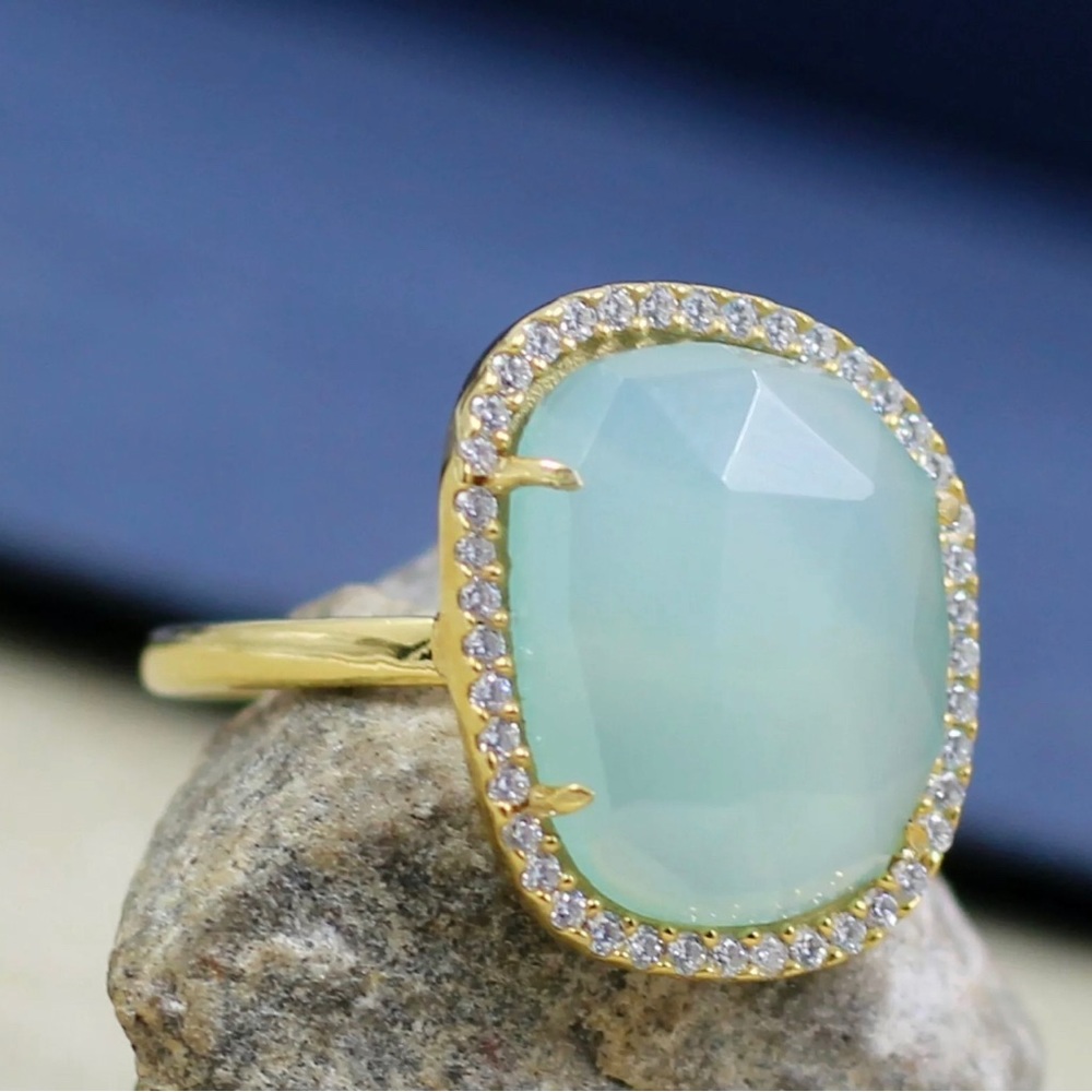 Solid 925 Sterling Silver Jewelry Aqua Chalcedony
CZ & Gold Plated Handmade Ring